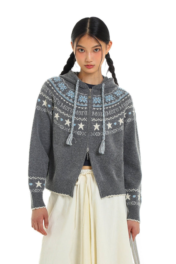 Vintage Star and Snowflake Pattern Fair Isle Knit Cardigan Hooded Sweater - COPPING THREADS - MOROMORO