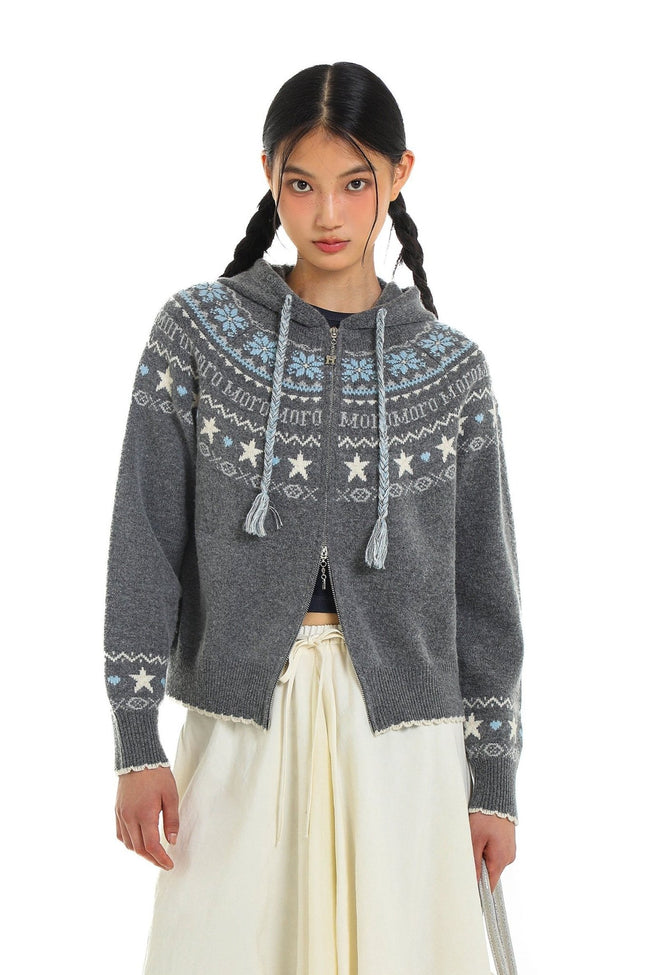 Vintage Star and Snowflake Pattern Fair Isle Knit Cardigan Hooded Sweater - COPPING THREADS - MOROMORO Hover Image
