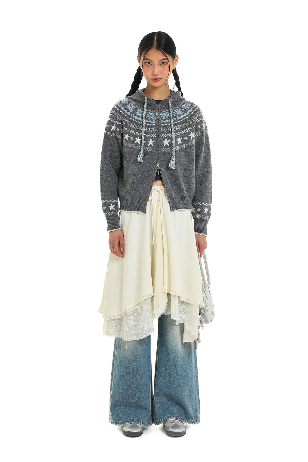 Vintage Star and Snowflake Pattern Fair Isle Knit Cardigan Hooded Sweater - COPPING THREADS - MOROMORO