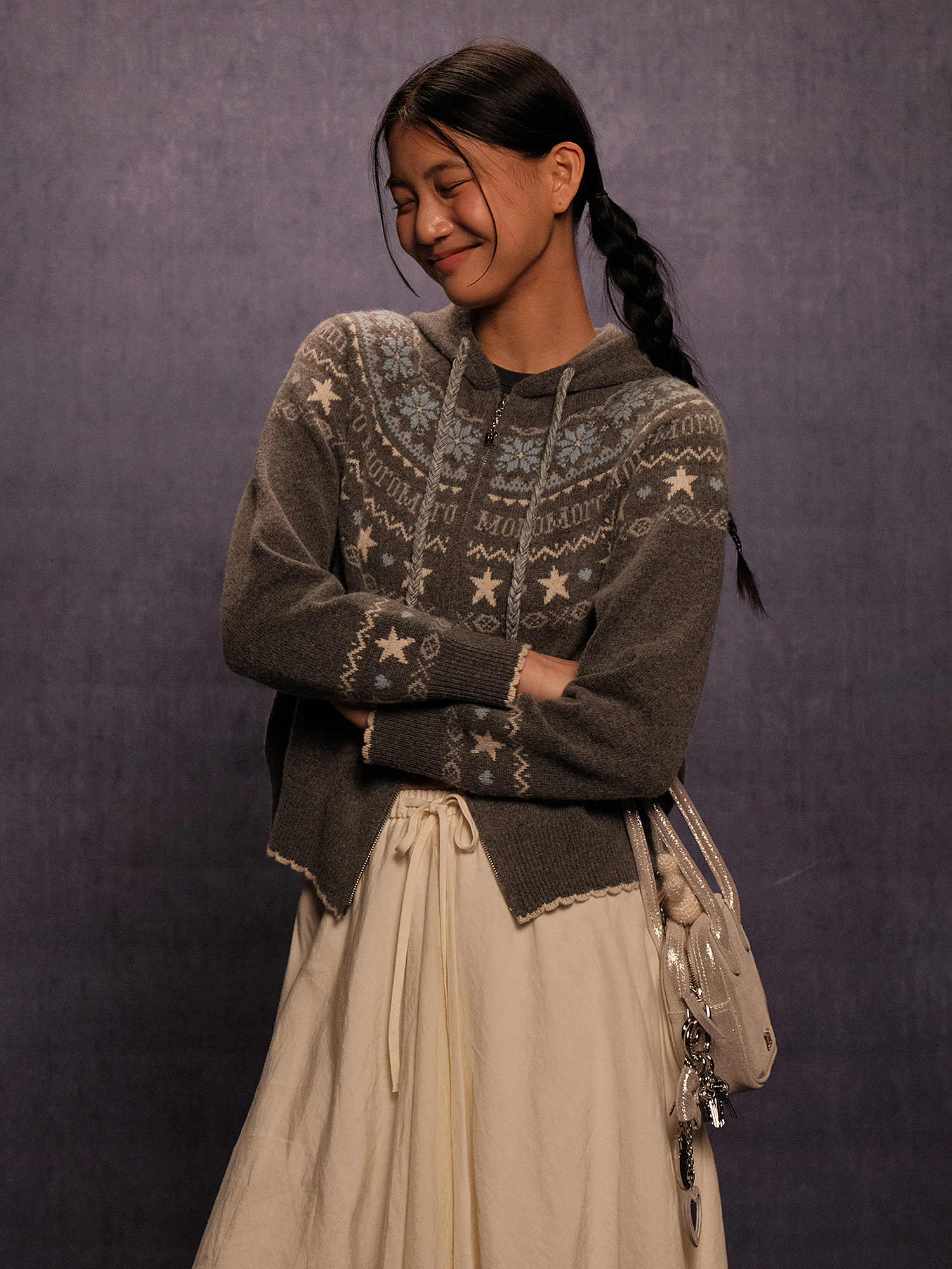 Vintage Star and Snowflake Pattern Fair Isle Knit Cardigan Hooded Sweater - COPPING THREADS - MOROMORO