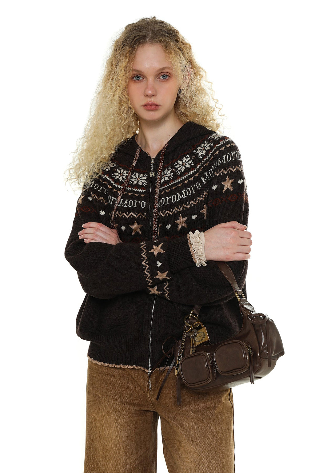 Vintage Star and Snowflake Pattern Fair Isle Knit Cardigan Hooded Sweater - COPPING THREADS - MOROMORO