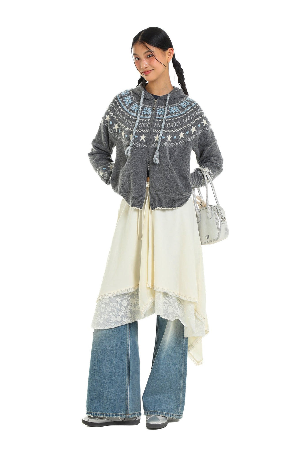 Vintage Star and Snowflake Pattern Fair Isle Knit Cardigan Hooded Sweater - COPPING THREADS - MOROMORO