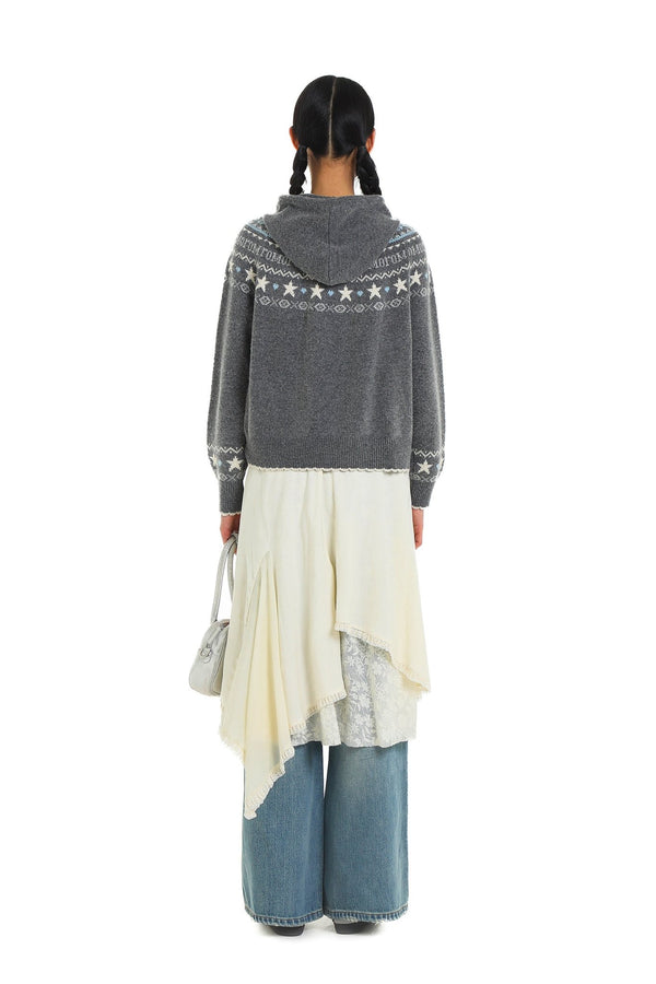 Vintage Star and Snowflake Pattern Fair Isle Knit Cardigan Hooded Sweater - COPPING THREADS - MOROMORO