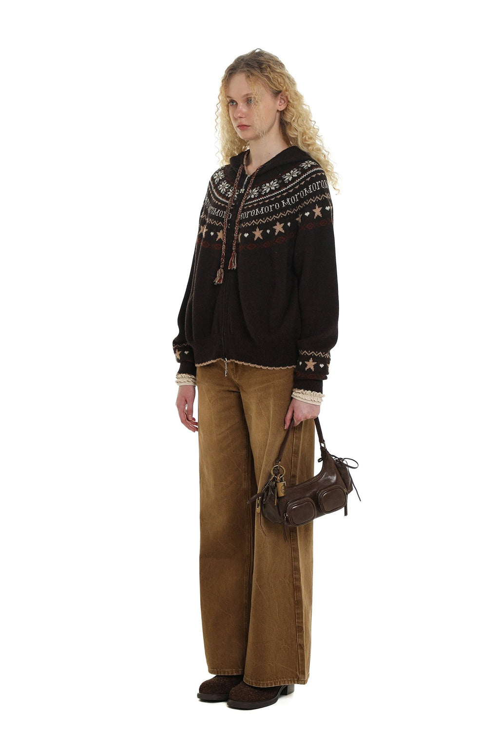 Vintage Star and Snowflake Pattern Fair Isle Knit Cardigan Hooded Sweater - COPPING THREADS - MOROMORO