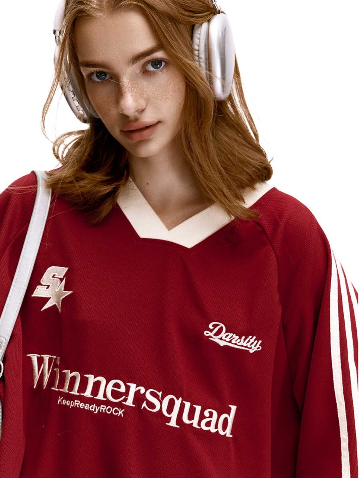 Vintage Jersey-T-Shirt mit gestreiften Ärmeln und Blockmuster Zweitbild