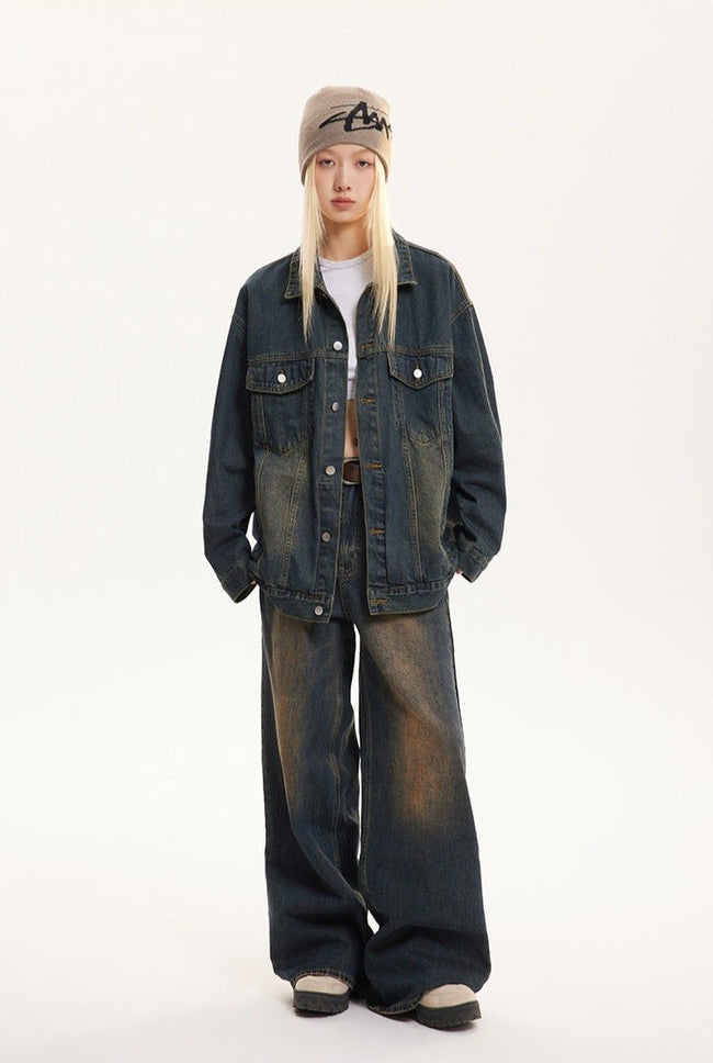 Vintage Turn-down Collar Distressed Denim Jacket Main Image