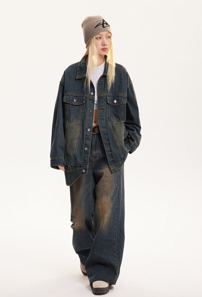 Vintage Turn - down Collar Distressed Denim Jacket - COPPING THREADS - CATTEE