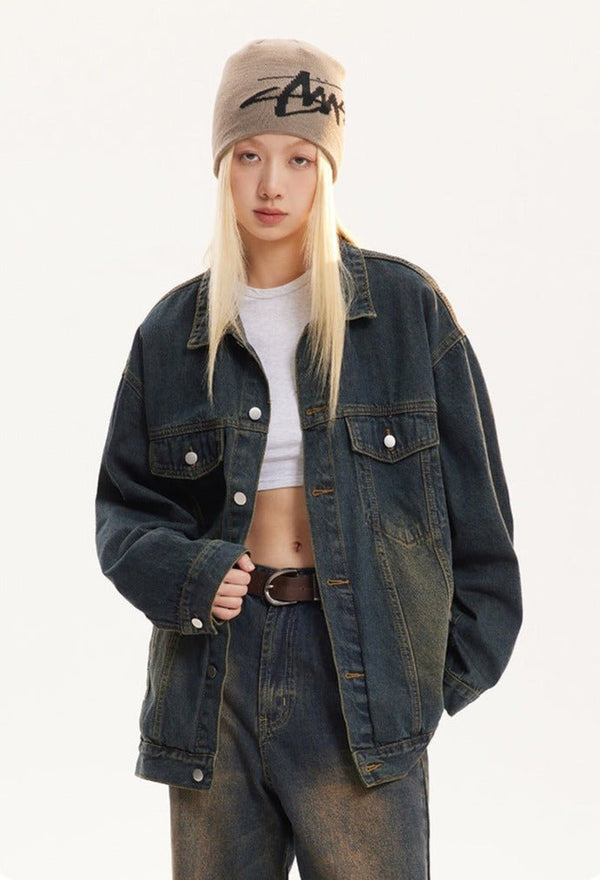 Vintage Turn - down Collar Distressed Denim Jacket - COPPING THREADS - CATTEE