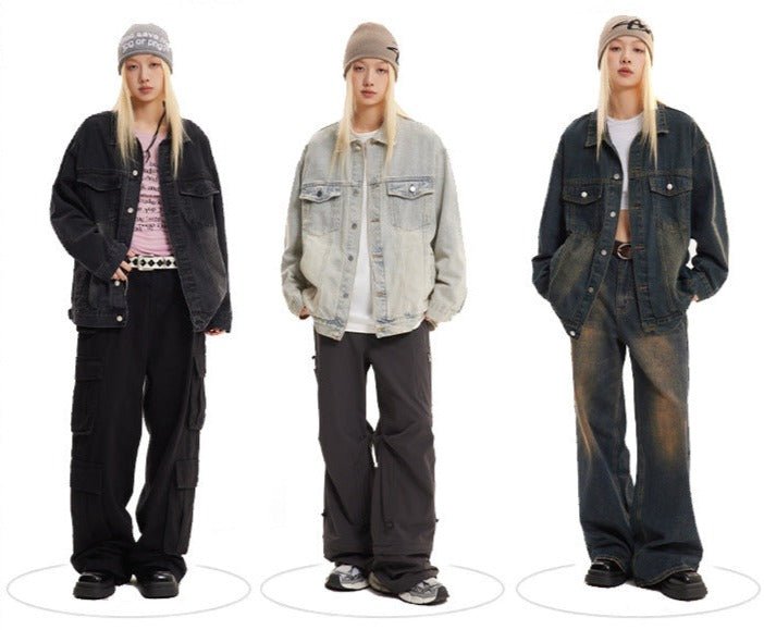 Vintage Turn - down Collar Distressed Denim Jacket - COPPING THREADS - CATTEE