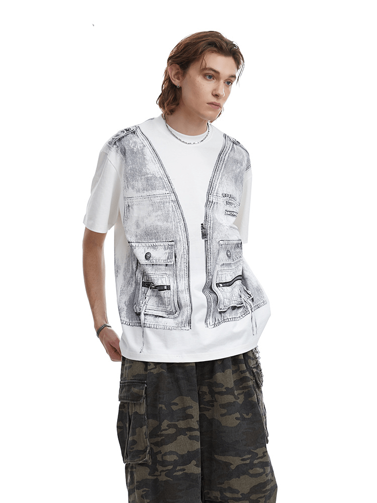 Vintage Utility Vest Print Faux Layered Oversized T-Shirt - COPPING THREADS - CT Select Main image