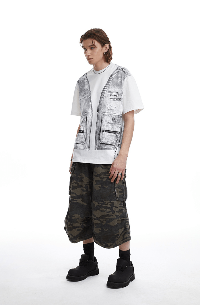 Vintage Utility Vest Print Faux Layered Oversized T-Shirt - COPPING THREADS - CT Select