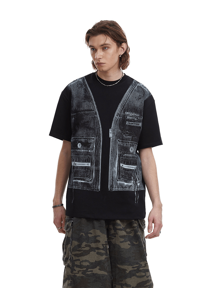 Vintage Utility Vest Print Faux Layered Oversized T-Shirt - COPPING THREADS - CT Select
