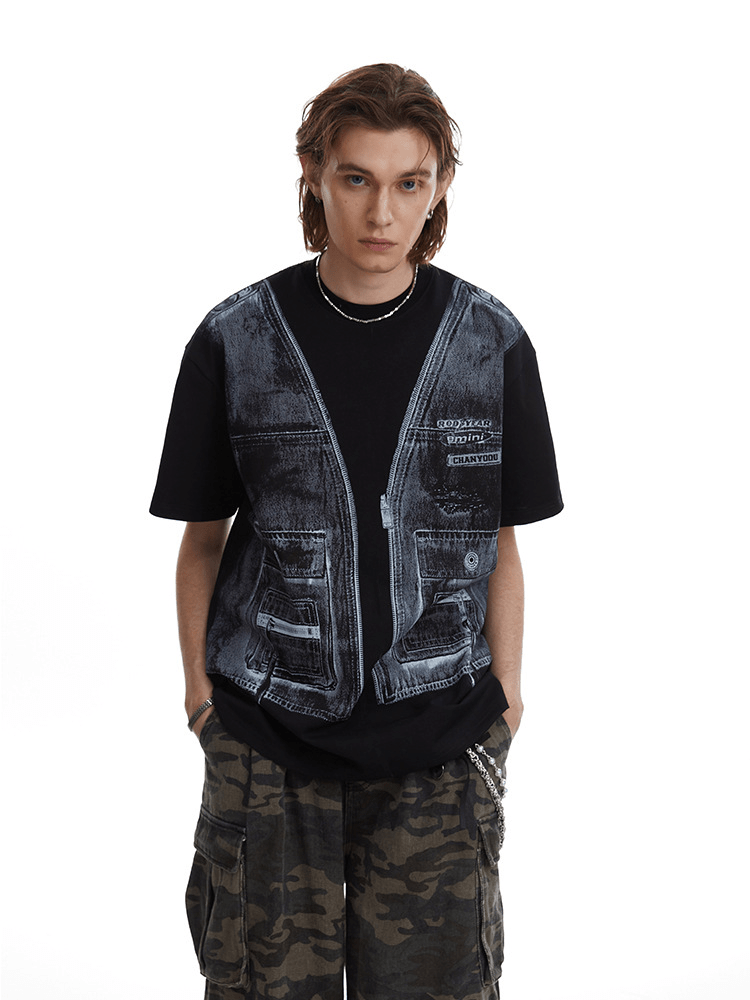 Vintage Utility Vest Print Faux Layered Oversized T-Shirt - COPPING THREADS - CT Select