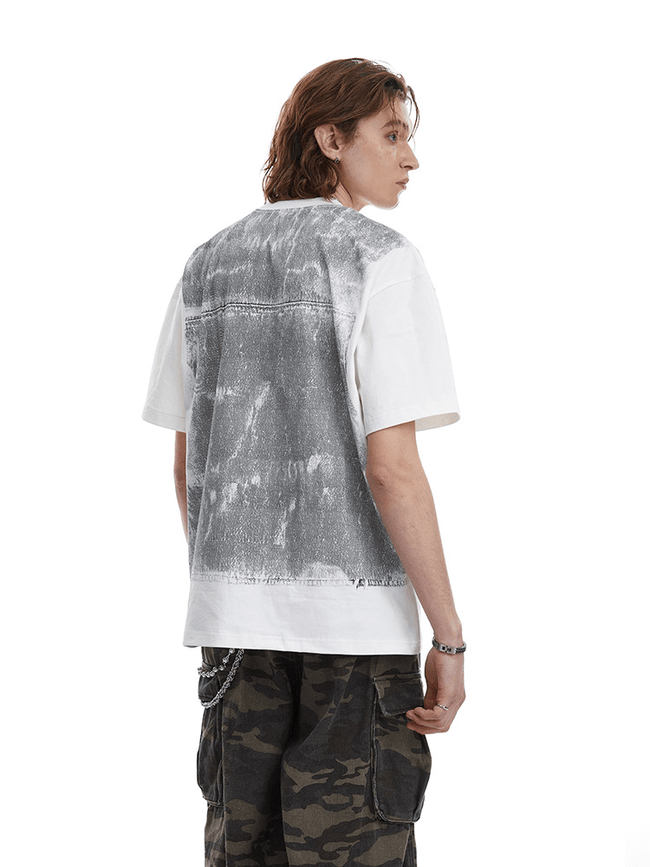 Vintage Utility Vest Print Faux Layered Oversized T-Shirt Main Image