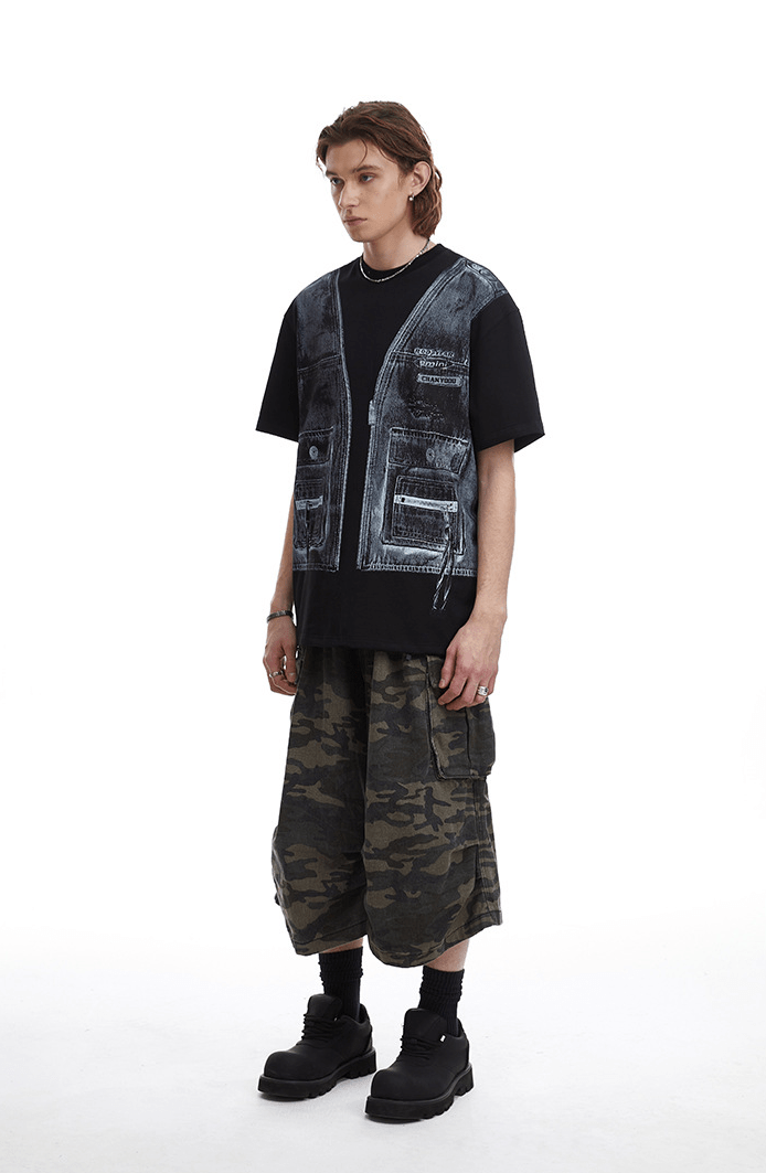 Vintage Utility Vest Print Faux Layered Oversized T-Shirt - COPPING THREADS - CT Select
