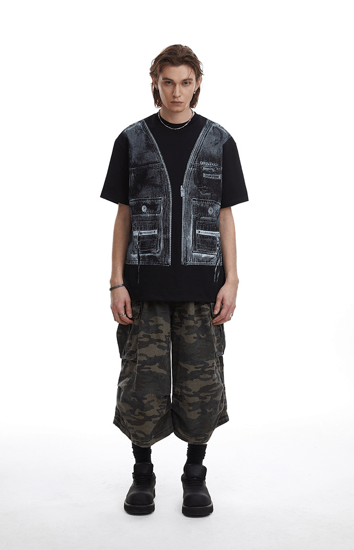 Vintage Utility Vest Print Faux Layered Oversized T-Shirt - COPPING THREADS - CT Select