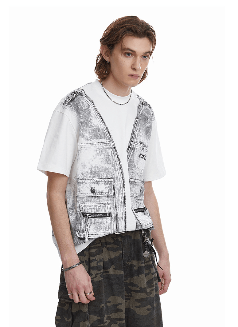 Vintage Utility Vest Print Faux Layered Oversized T-Shirt - COPPING THREADS - CT Select