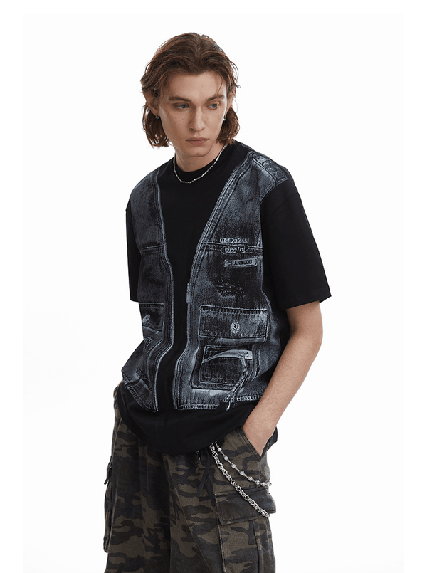 Vintage Utility Vest Print Faux Layered Oversized T-Shirt - COPPING THREADS - CT Select