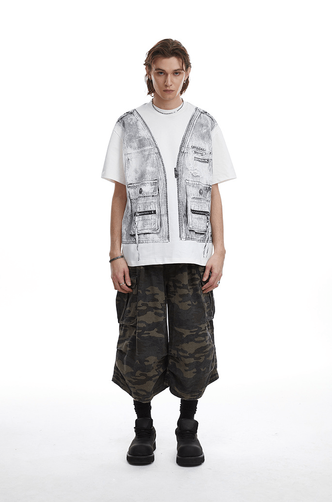 Vintage Utility Vest Print Faux Layered Oversized T-Shirt - COPPING THREADS - CT Select