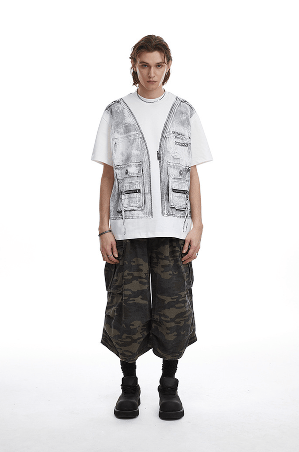 Vintage Utility Vest Print Faux Layered Oversized T-Shirt - COPPING THREADS - CT Select