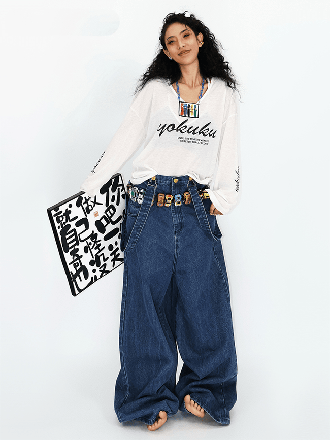 Vintage V-Neck Long Sleeve Graphic Tee Main Image