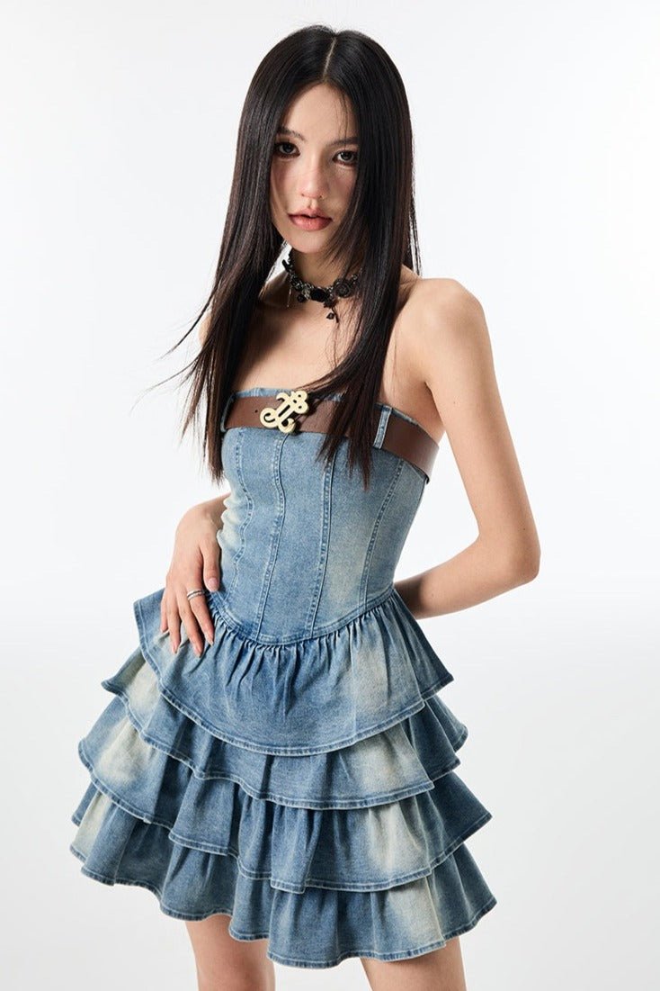 Vintage Washed Denim Pleated Cake Dress - COPPING THREADS - CT Select