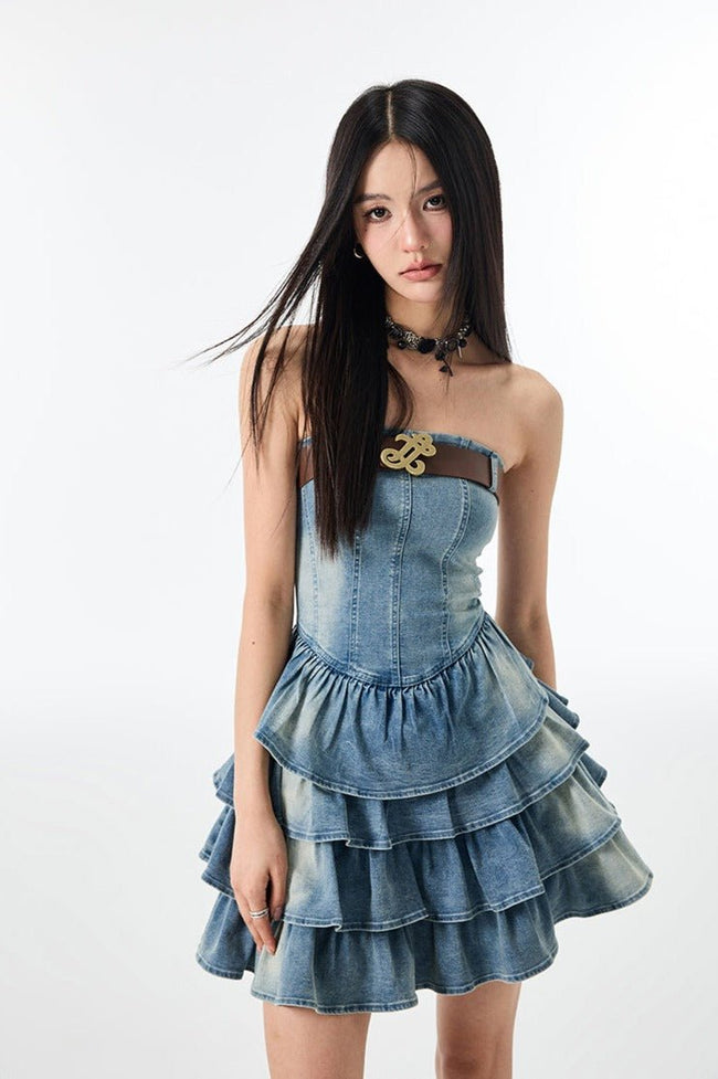 Vintage Washed Denim Pleated Cake Dress Main Image