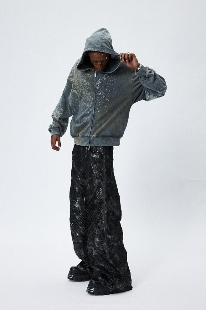 Vintage Washed Distressed Mud - Dyed Sparkling Rhinestones Hoodie - COPPING THREADS - CT Select