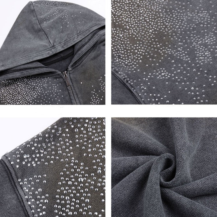 Vintage Washed Distressed Mud - Dyed Sparkling Rhinestones Hoodie - COPPING THREADS - CT Select