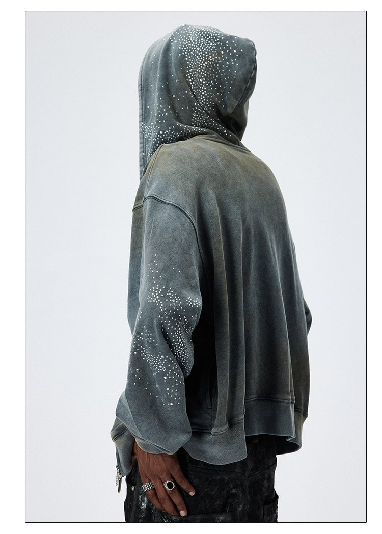 Vintage Washed Distressed Mud - Dyed Sparkling Rhinestones Hoodie - COPPING THREADS - CT Select