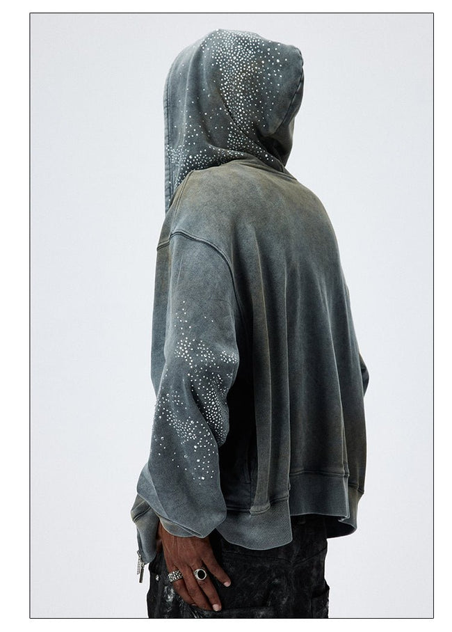 Vintage Washed Distressed Mud-Dyed Sparkling Rhinestones Hoodie Main Image