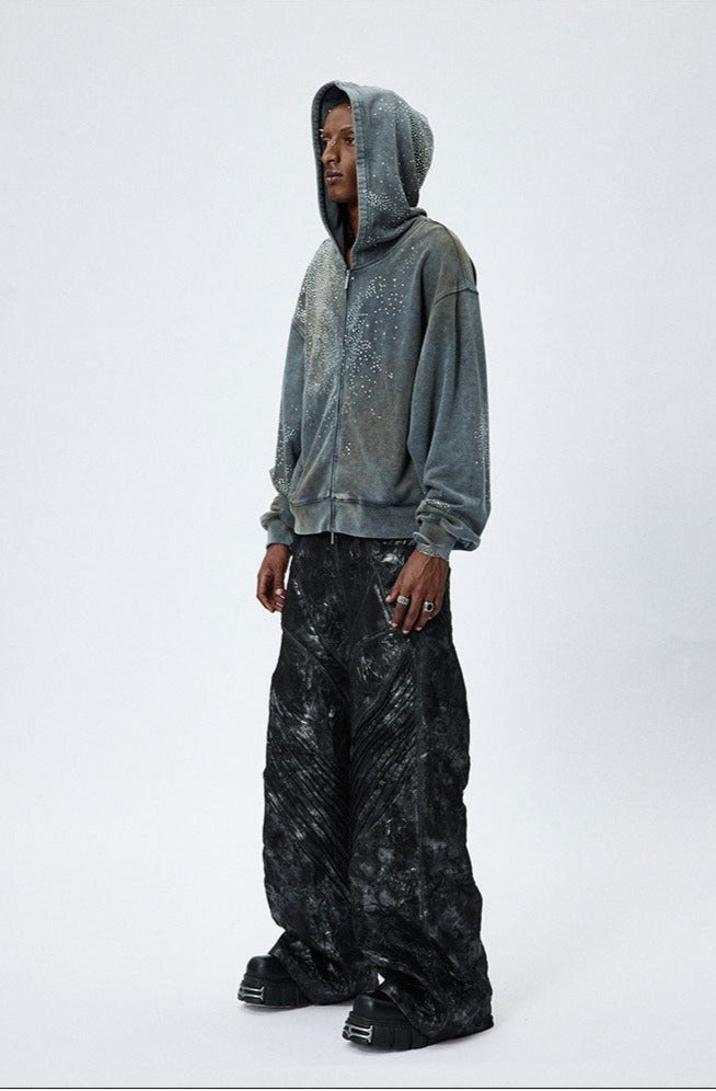 Vintage Washed Distressed Mud - Dyed Sparkling Rhinestones Hoodie - COPPING THREADS - CT Select