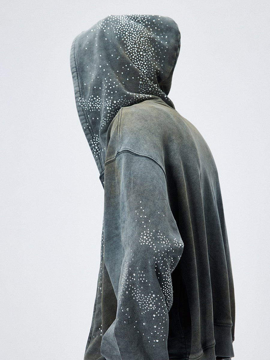 Vintage Washed Distressed Mud - Dyed Sparkling Rhinestones Hoodie - COPPING THREADS - CT Select