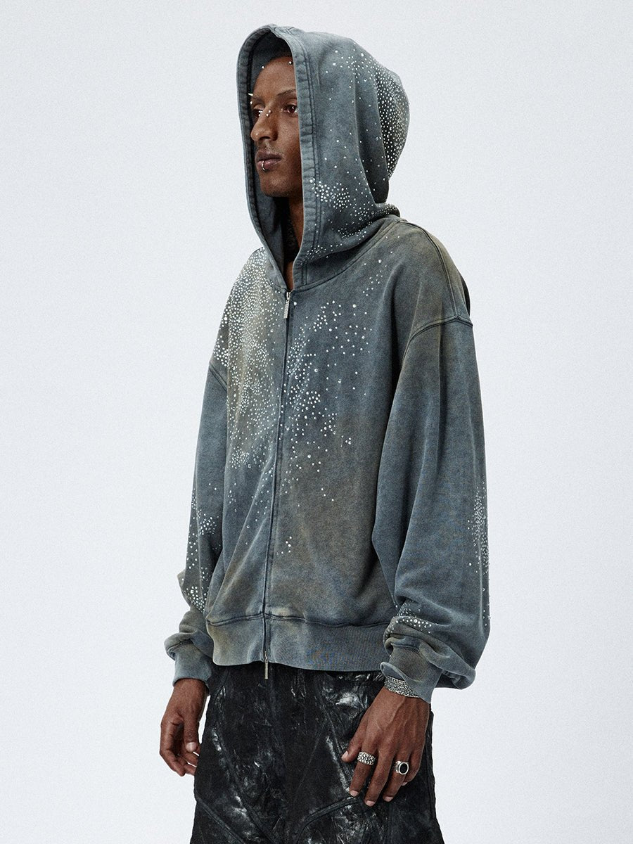 Vintage Washed Distressed Mud - Dyed Sparkling Rhinestones Hoodie - COPPING THREADS - CT Select Main image