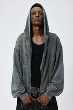 Vintage Washed Distressed Mud - Dyed Sparkling Rhinestones Hoodie - COPPING THREADS - CT Select