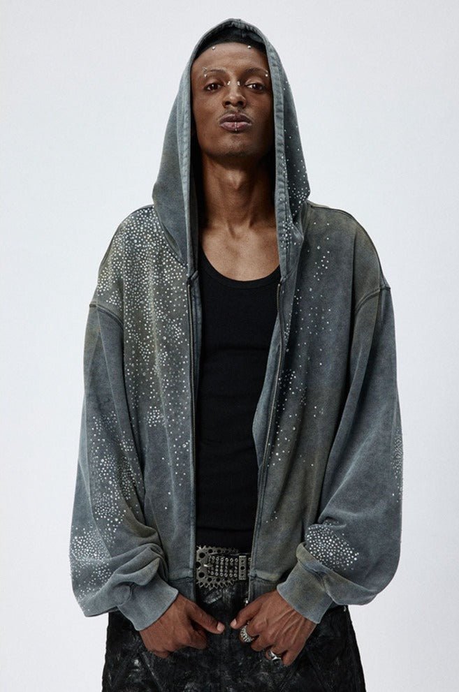 Vintage Washed Distressed Mud - Dyed Sparkling Rhinestones Hoodie - COPPING THREADS - CT Select