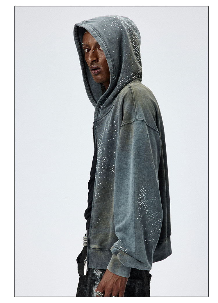 Vintage Washed Distressed Mud - Dyed Sparkling Rhinestones Hoodie - COPPING THREADS - CT Select