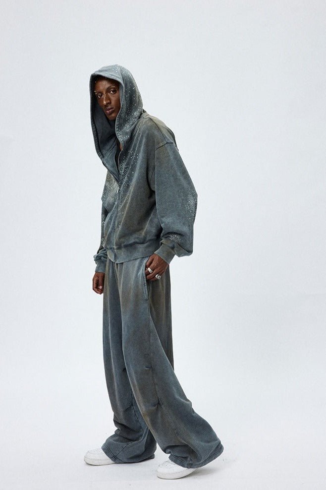 Vintage Washed Distressed Mud - Dyed Sparkling Rhinestones Hoodie - COPPING THREADS - CT Select
