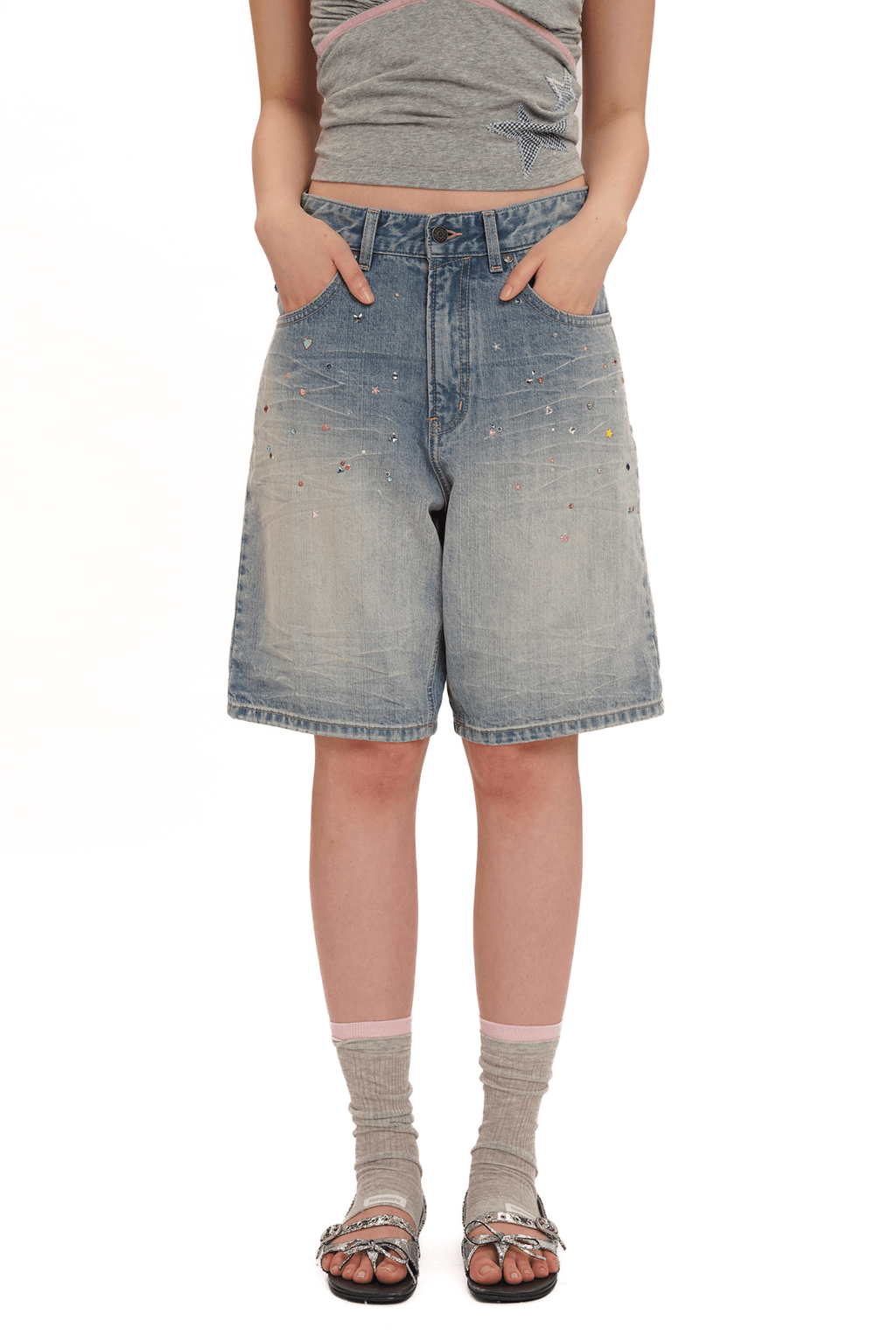 Vintage Washed Rhinestone Denim Shorts - COPPING THREADS - MOROMORO