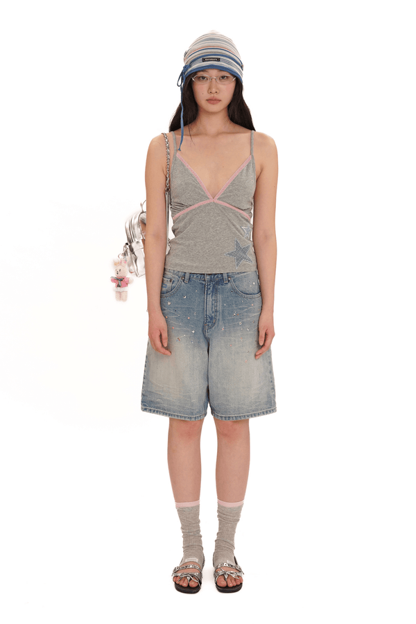 Vintage Washed Rhinestone Denim Shorts - COPPING THREADS - MOROMORO
