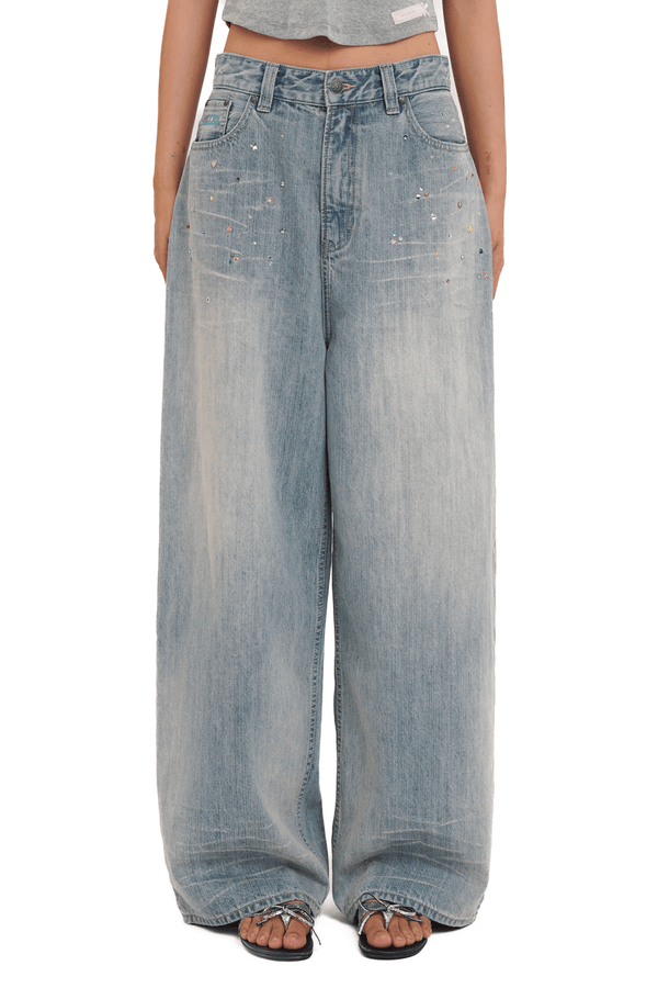 Vintage Washed Rhinestone Wide‑Leg Denim - COPPING THREADS - MOROMORO