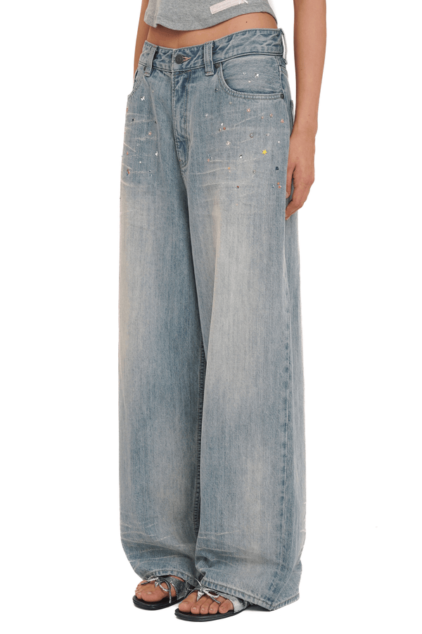 Vintage Washed Rhinestone Wide‑Leg Denim - COPPING THREADS - MOROMORO