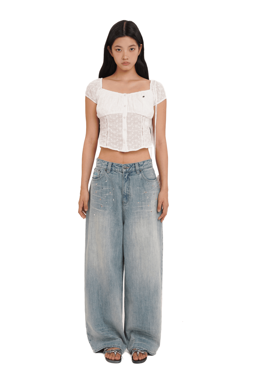 Vintage Washed Rhinestone Wide‑Leg Denim - COPPING THREADS - MOROMORO