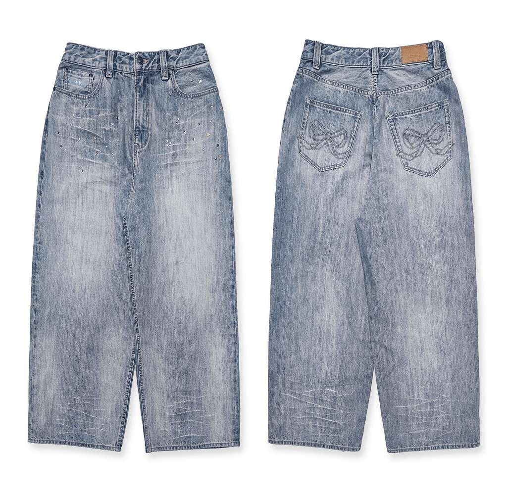 Vintage Washed Rhinestone Wide‑Leg Denim - COPPING THREADS - MOROMORO