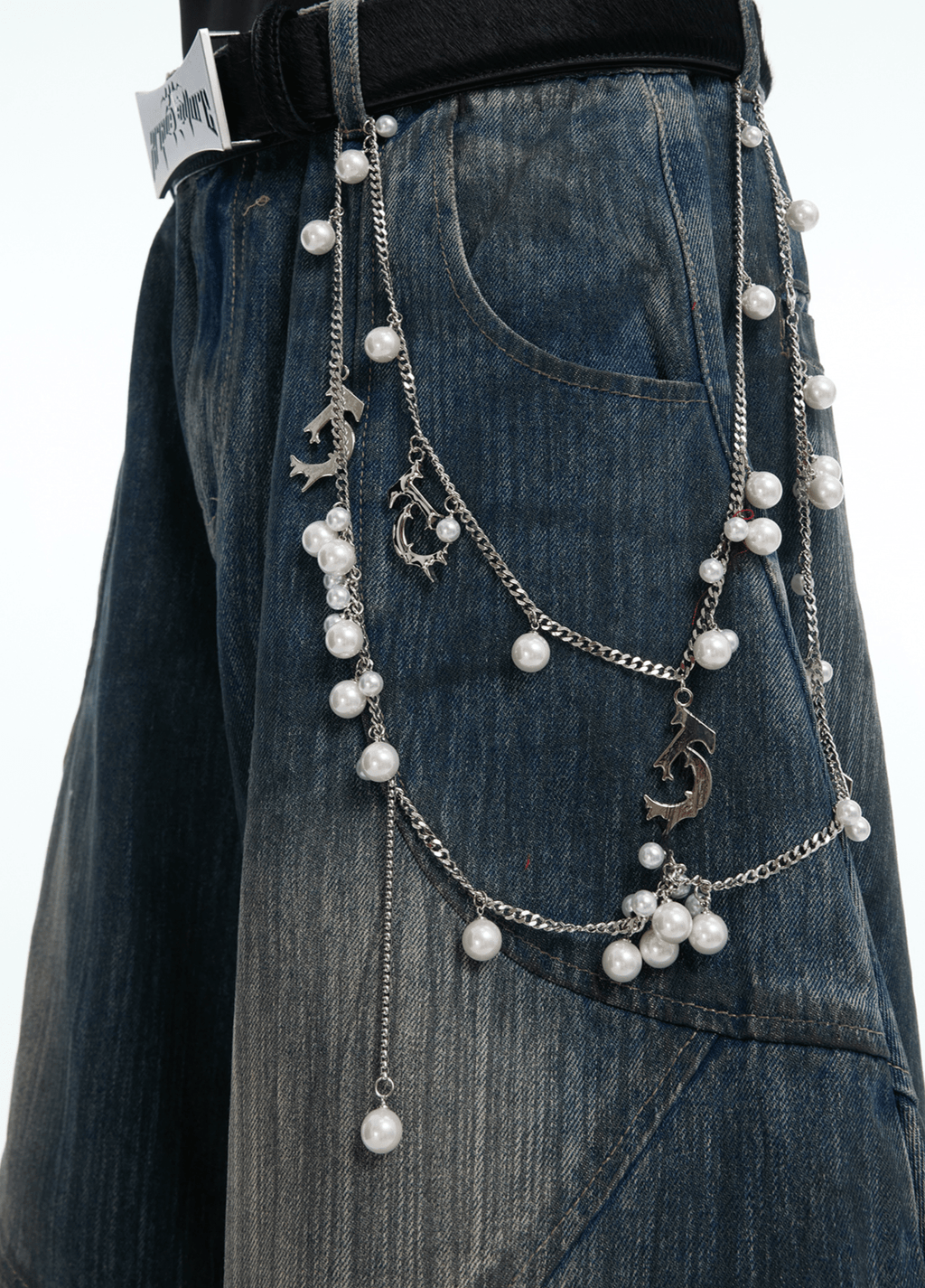Vintage Washed Wide - Leg Denim Jeans With Pearl Chain Detail - COPPING THREADS - ArguE CulturE
