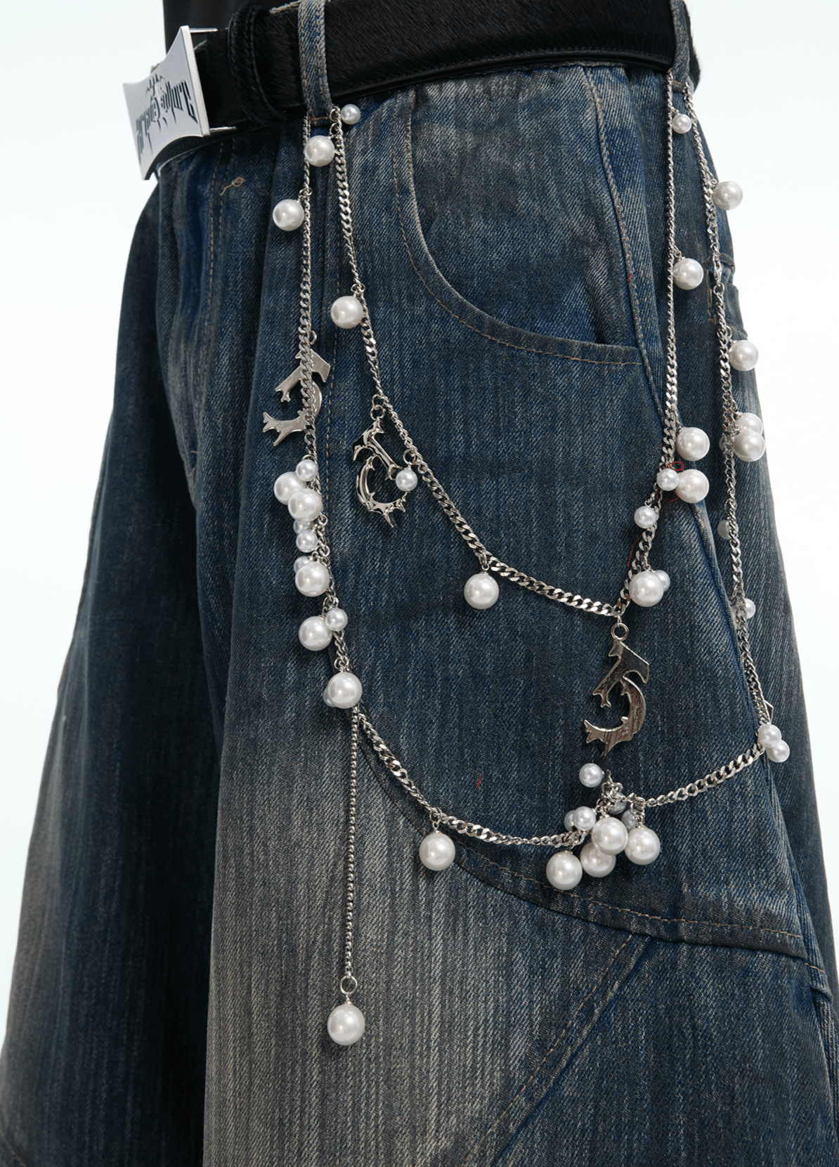 Vintage Washed Wide - Leg Denim Jeans With Pearl Chain Detail - COPPING THREADS - ArguE CulturE