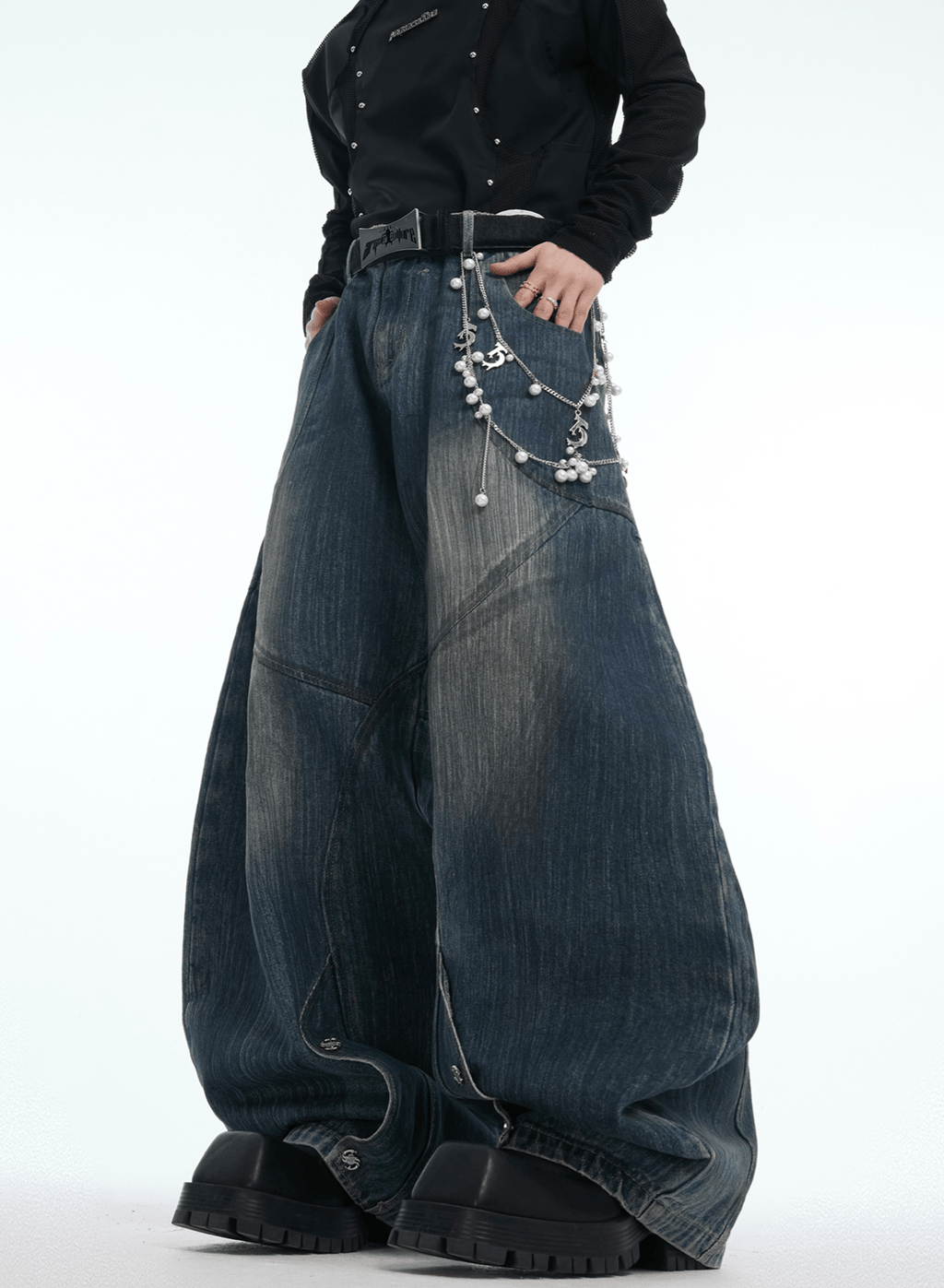 Vintage Washed Wide - Leg Denim Jeans With Pearl Chain Detail - COPPING THREADS - ArguE CulturE