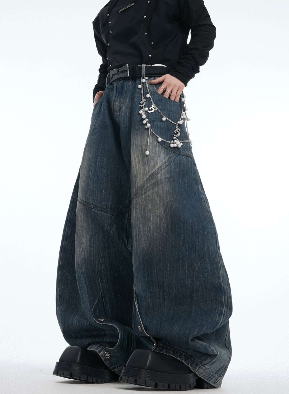 Vintage Washed Wide - Leg Denim Jeans With Pearl Chain Detail - COPPING THREADS - ArguE CulturE