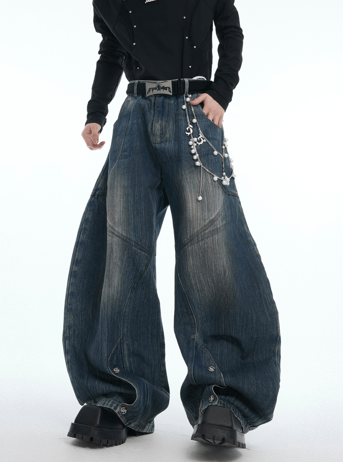 Vintage Washed Wide - Leg Denim Jeans With Pearl Chain Detail - COPPING THREADS - ArguE CulturE