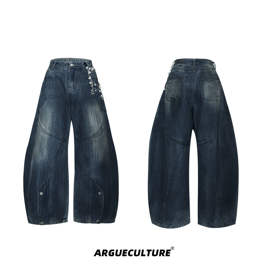 Vintage Washed Wide - Leg Denim Jeans With Pearl Chain Detail - COPPING THREADS - ArguE CulturE